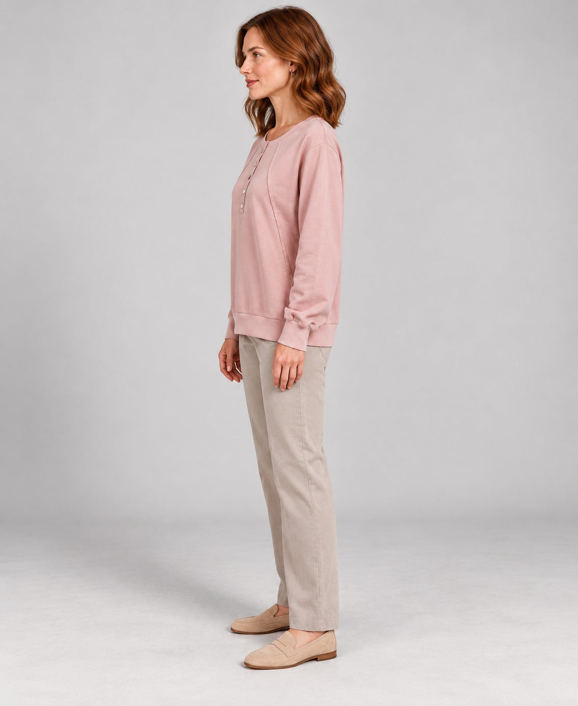 Women's Round-Neck Long Sleeve Pullover Sweater, pink, side profile