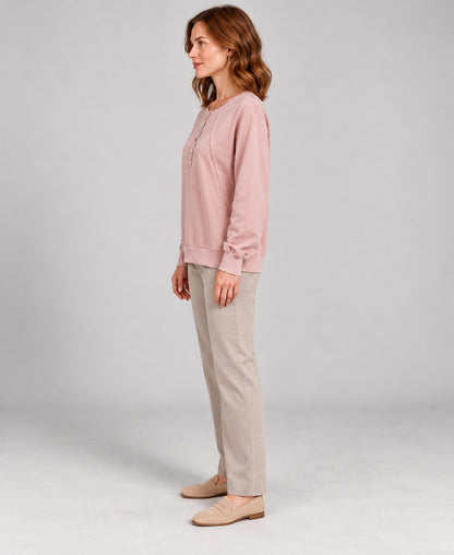 Women's Round-Neck Long Sleeve Pullover Sweater, pink, side profile