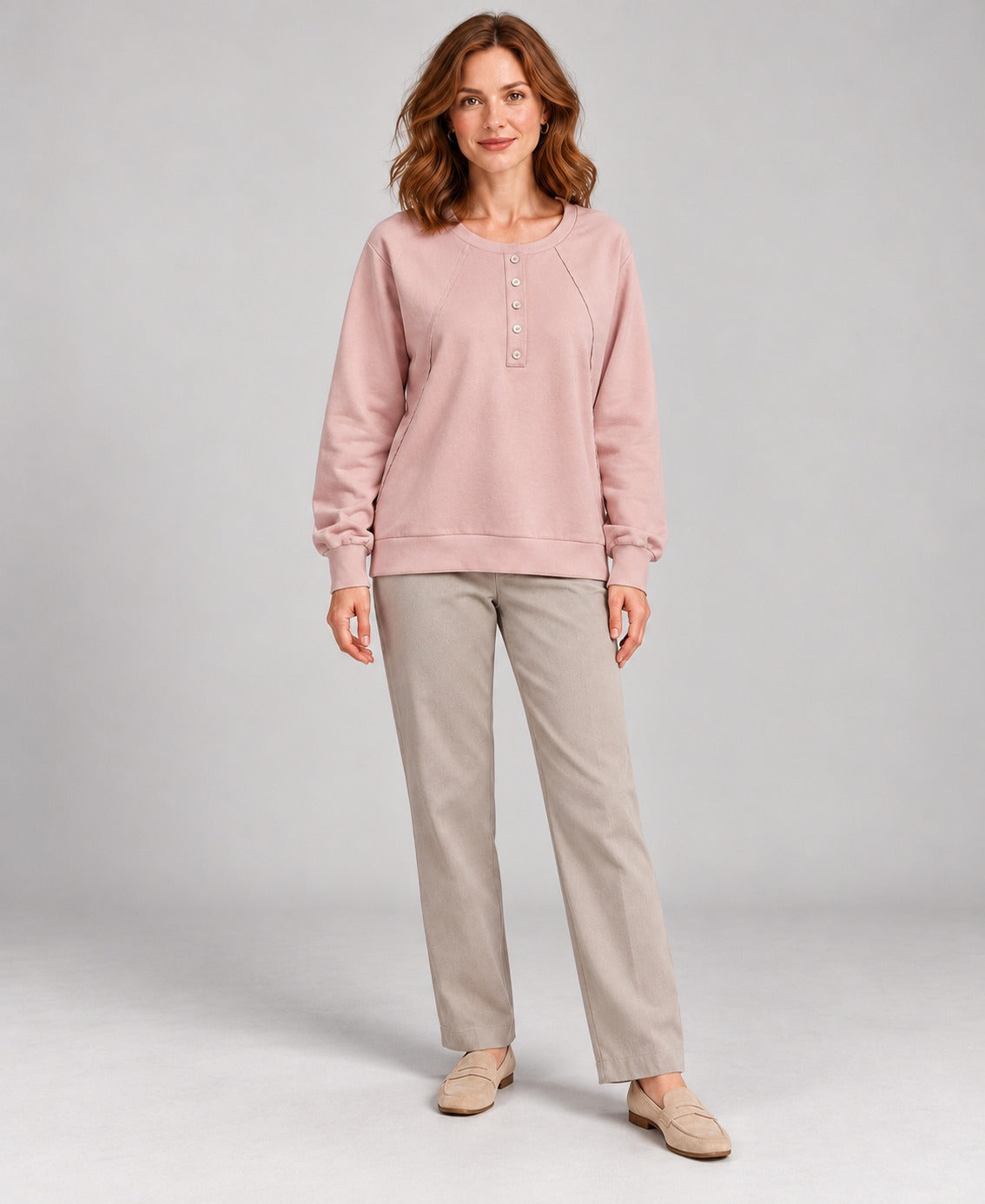Women's Round-Neck Long Sleeve Pullover Sweater, pink, three quarter