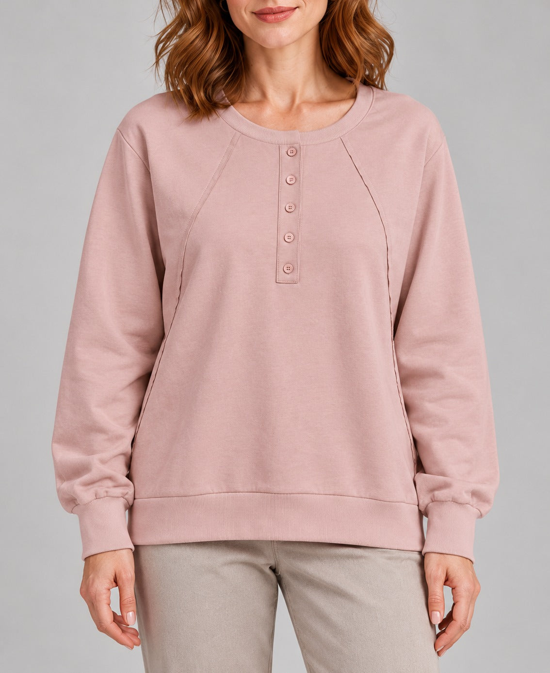 Women's Round-Neck Long Sleeve Pullover Sweater, pink, detail