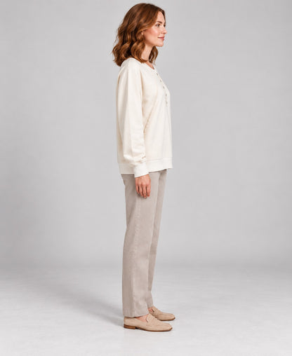 Women's Round-Neck Long Sleeve Pullover Sweater, white, side profile
