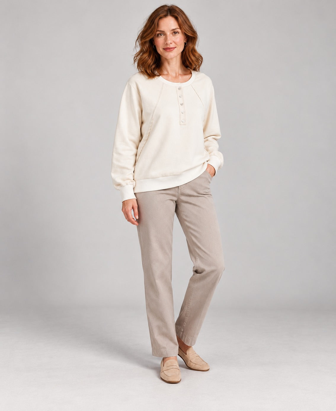 Women's Round-Neck Long Sleeve Pullover Sweater, white, three quarter