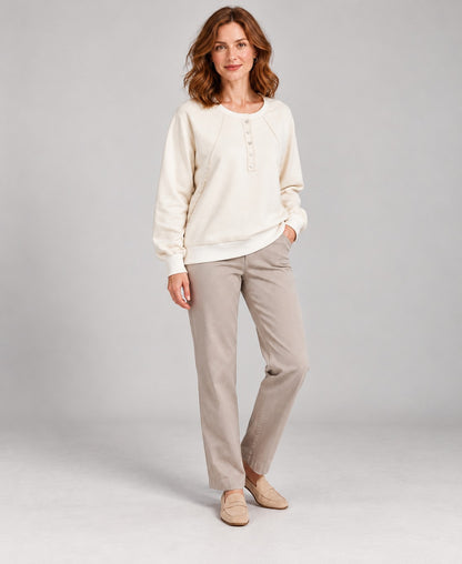 Women's Round-Neck Long Sleeve Pullover Sweater, white, three quarter