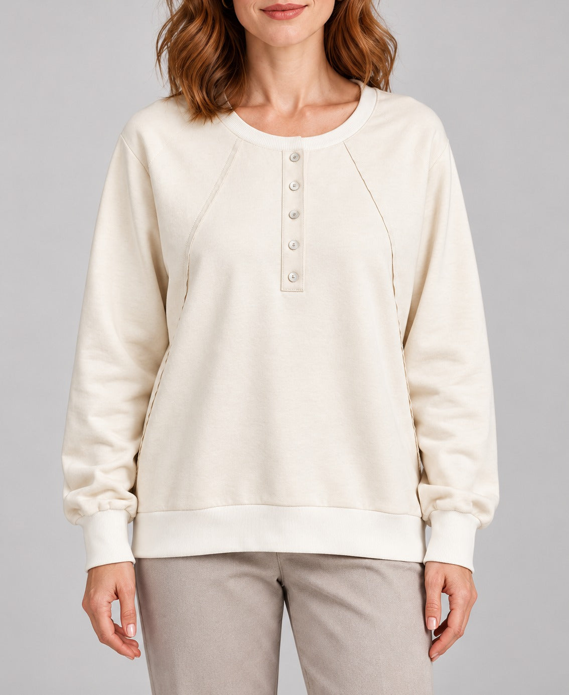 Women's Round-Neck Long Sleeve Pullover Sweater, white, detail