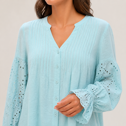 Women's Relaxed Long Sleeve Split-Neck Blouse - Women's Tops & Blouses - Evora Edit - Multiple colors - Multiple sizes - Evora Edit