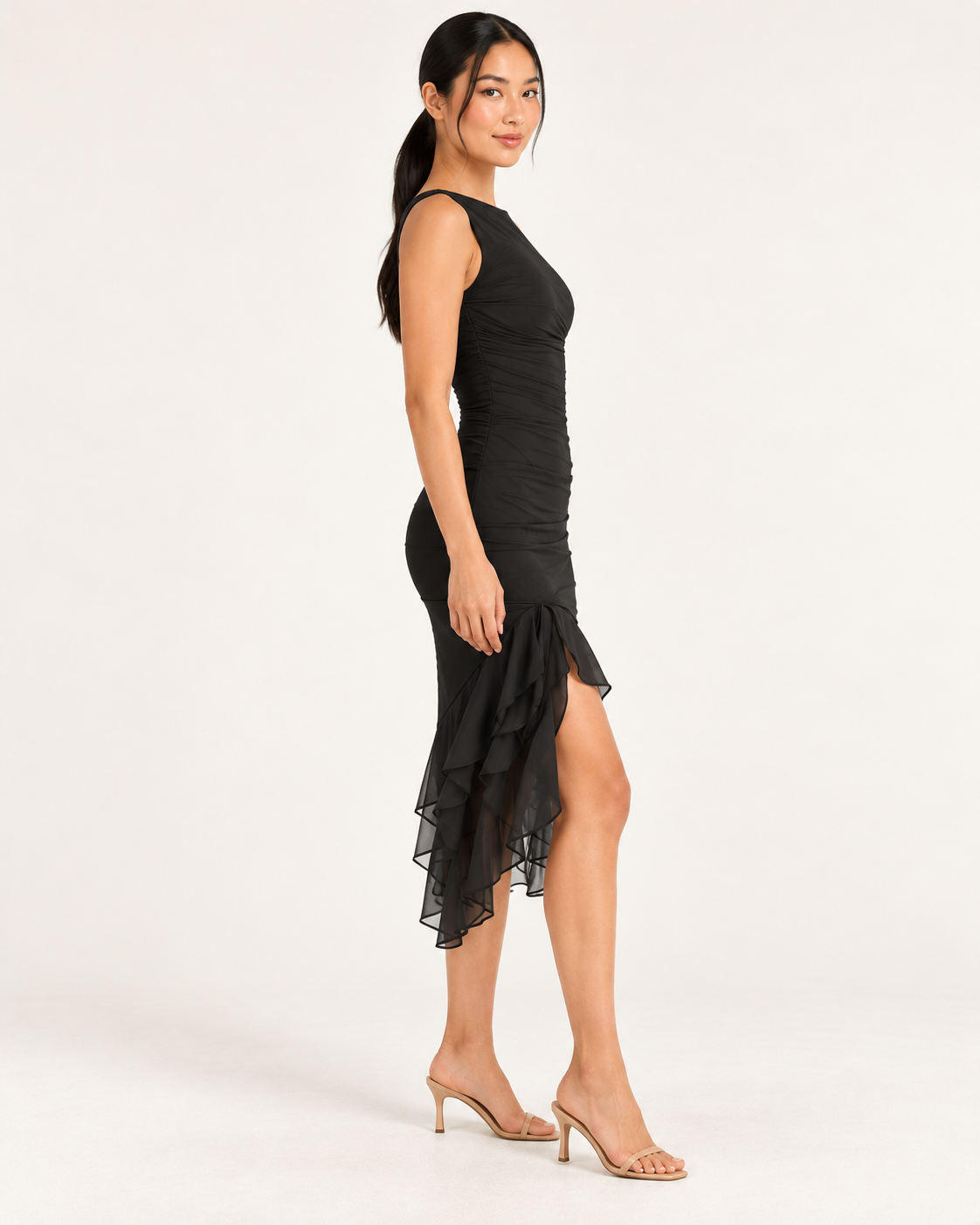 Women's Sleeveless Fitted Midi Dress with Ruffle Hem — Black — side view