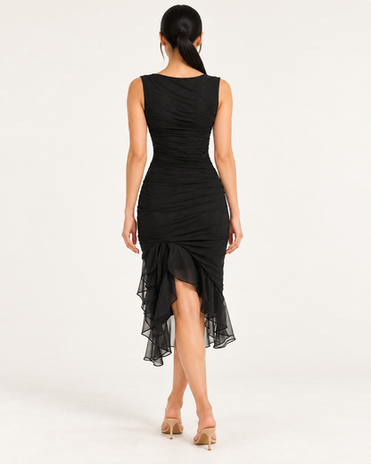 Women's Sleeveless Fitted Midi Dress with Ruffle Hem — Black — back view