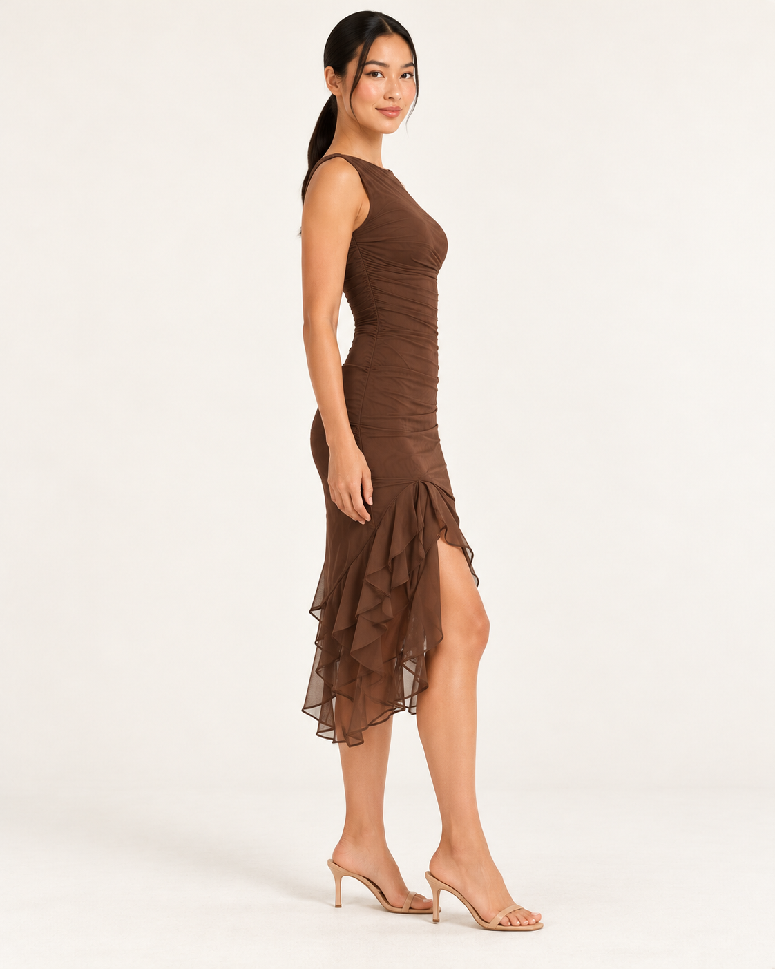 Women's Sleeveless Fitted Midi Dress with Ruffle Hem — Brown — side view