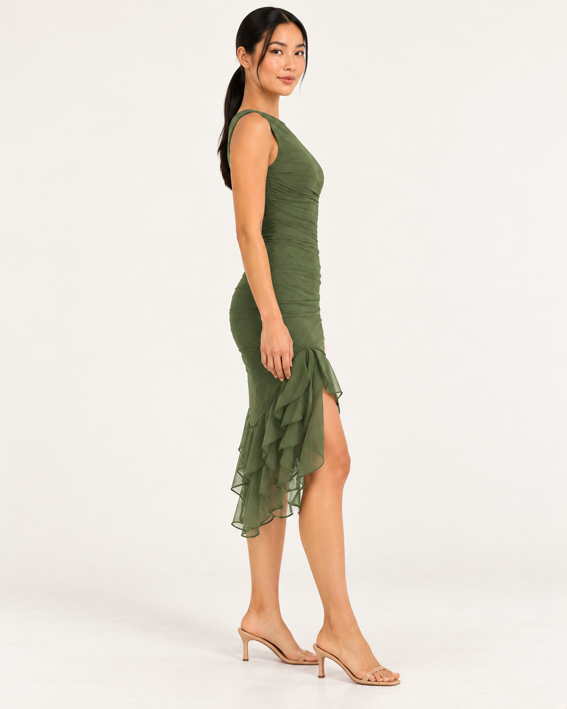 Women's Sleeveless Fitted Midi Dress with Ruffle Hem — Green — side view