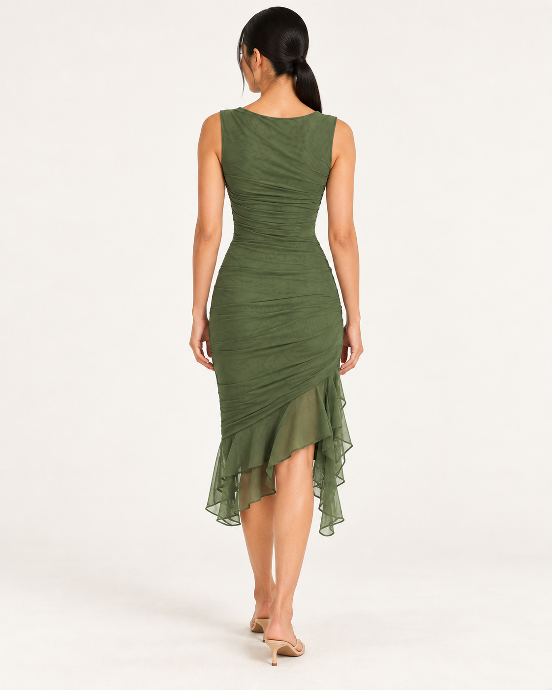 Women's Sleeveless Fitted Midi Dress with Ruffle Hem — Green — back view