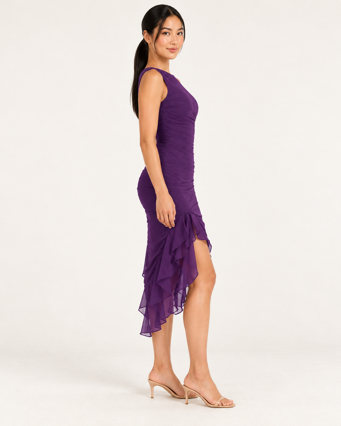 Women's Sleeveless Fitted Midi Dress with Ruffle Hem — Purple — side view