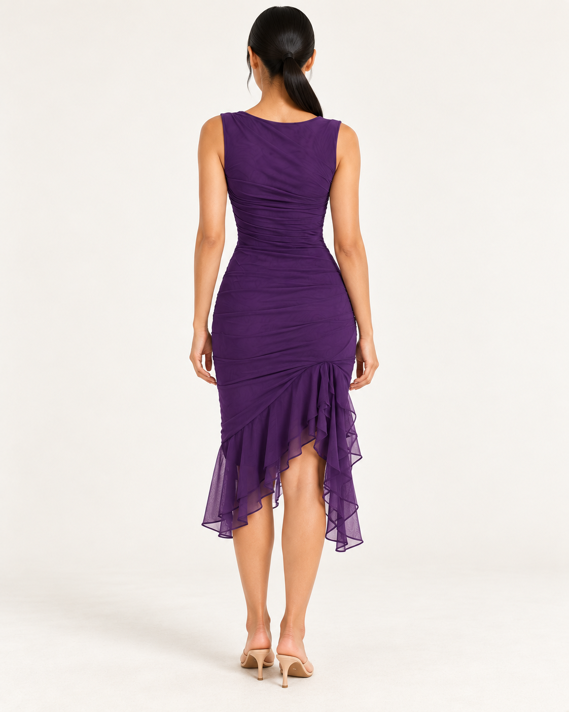 Women's Sleeveless Fitted Midi Dress with Ruffle Hem — Purple — back view