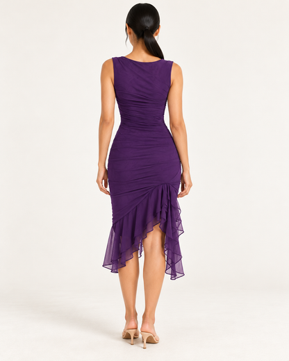 Women's Sleeveless Fitted Midi Dress with Ruffle Hem — Purple — back view
