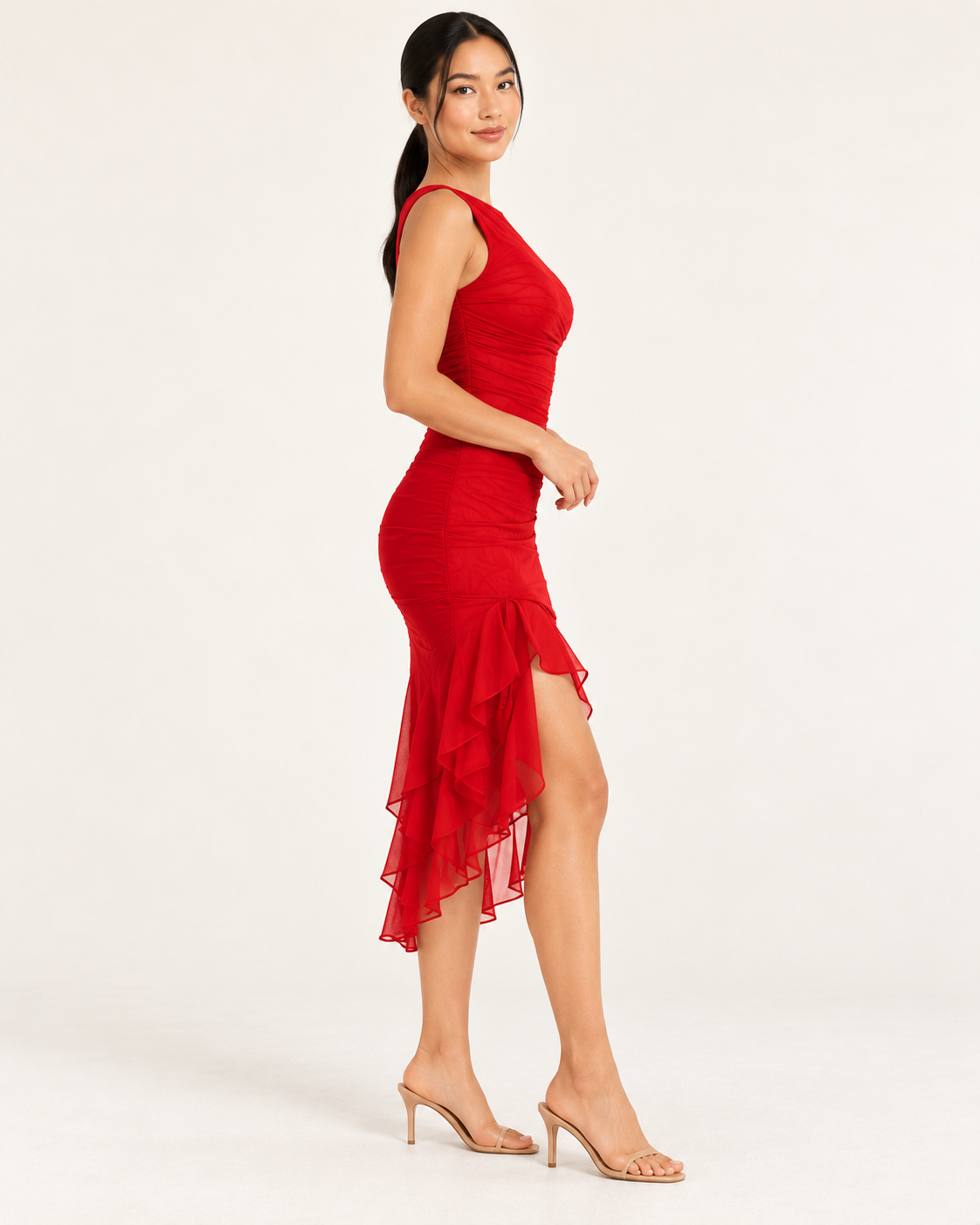 Women's Sleeveless Fitted Midi Dress with Ruffle Hem — Red — side view