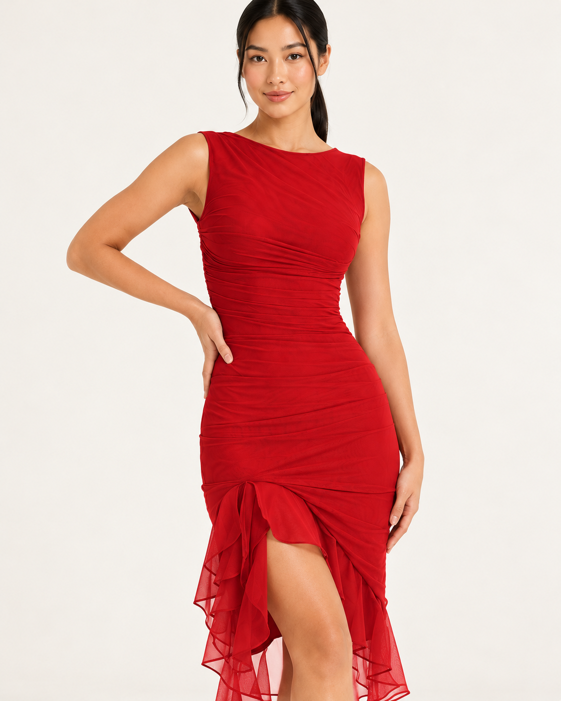 Women's Sleeveless Fitted Midi Dress with Ruffle Hem — Red — fabric detail