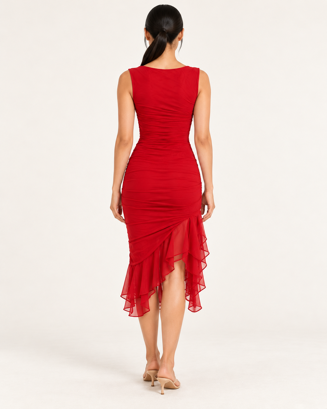 Women's Sleeveless Fitted Midi Dress with Ruffle Hem — Red — back view