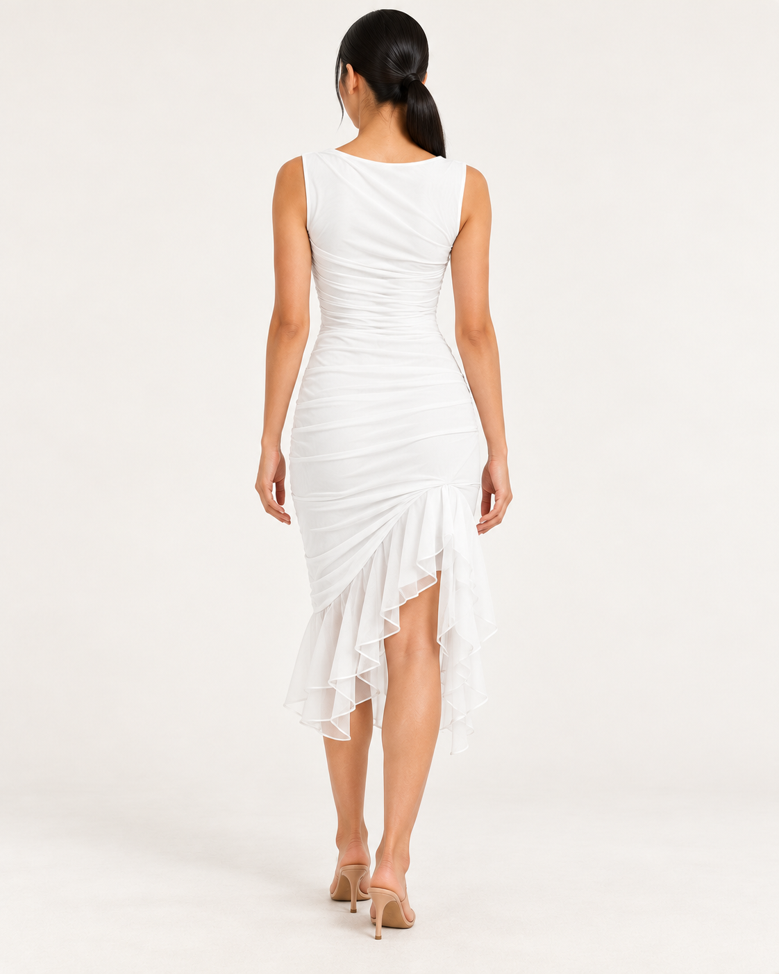 Women's Sleeveless Fitted Midi Dress with Ruffle Hem — White — back view