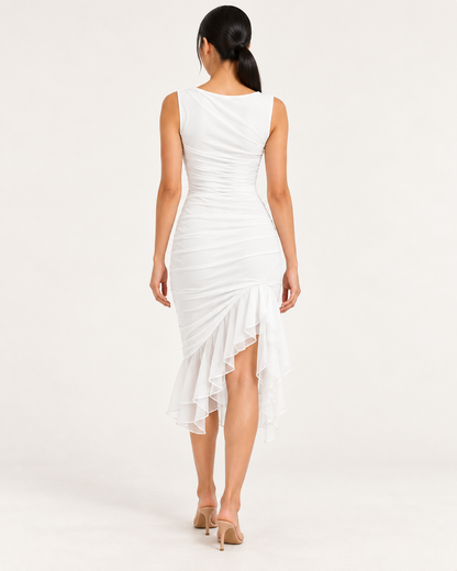 Women's Sleeveless Fitted Midi Dress with Ruffle Hem — White — back view