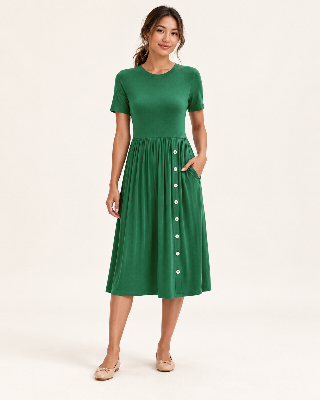 Women's Pleated Pocket Dress in Green, 01 front