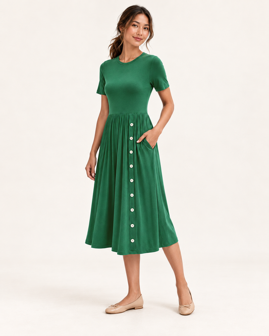Women's Pleated Pocket Dress in Green, 02 three quarter