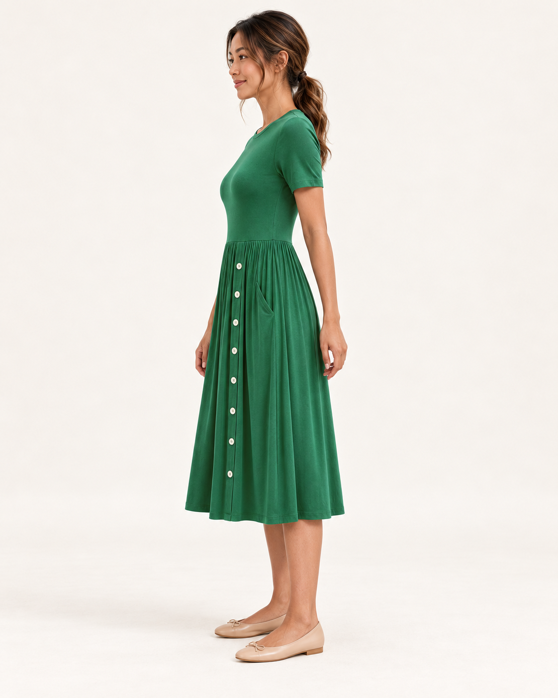 Women's Pleated Pocket Dress in Green, 03 side