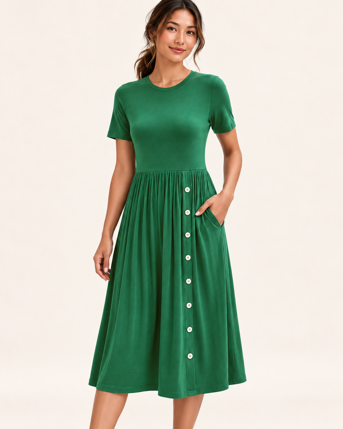 Women's Pleated Pocket Dress in Green, 04 detail