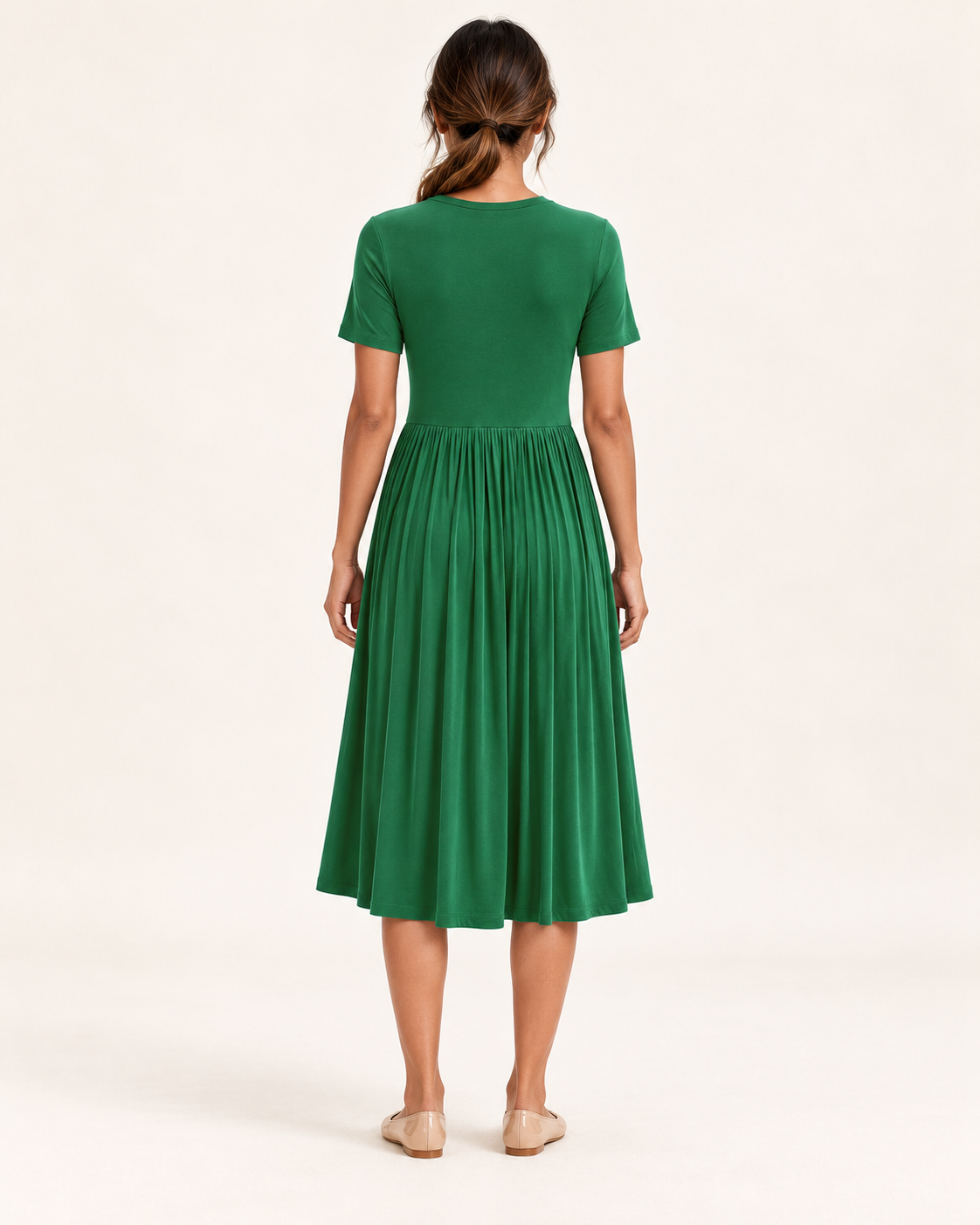 Women's Pleated Pocket Dress in Green, 05 back