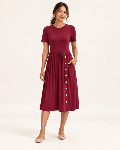 Women's Pleated Pocket Dress in Wine Red, 01 front