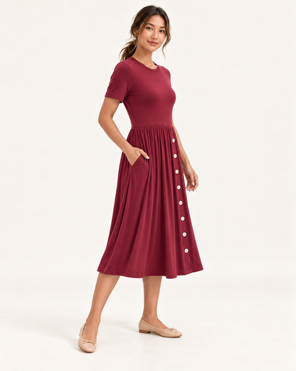 Women's Pleated Pocket Dress in Wine Red, 02 three quarter