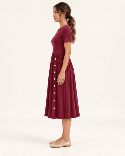Women's Pleated Pocket Dress in Wine Red, 03 side
