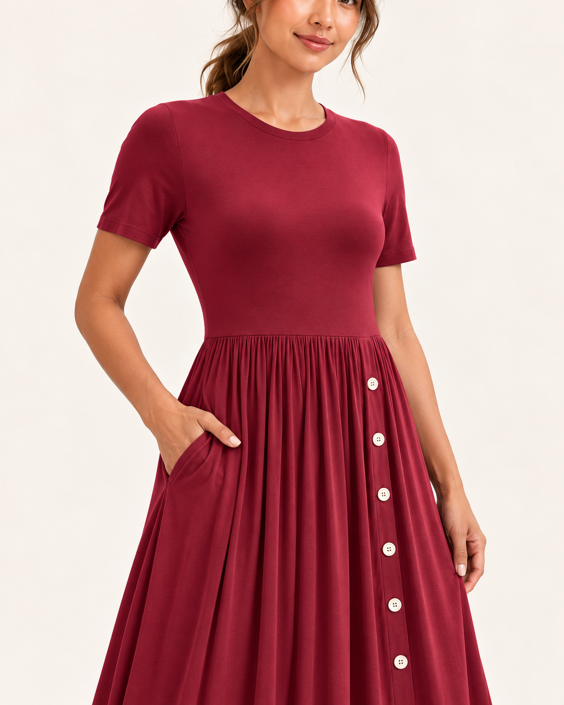 Women's Pleated Pocket Dress in Wine Red, 04 detail