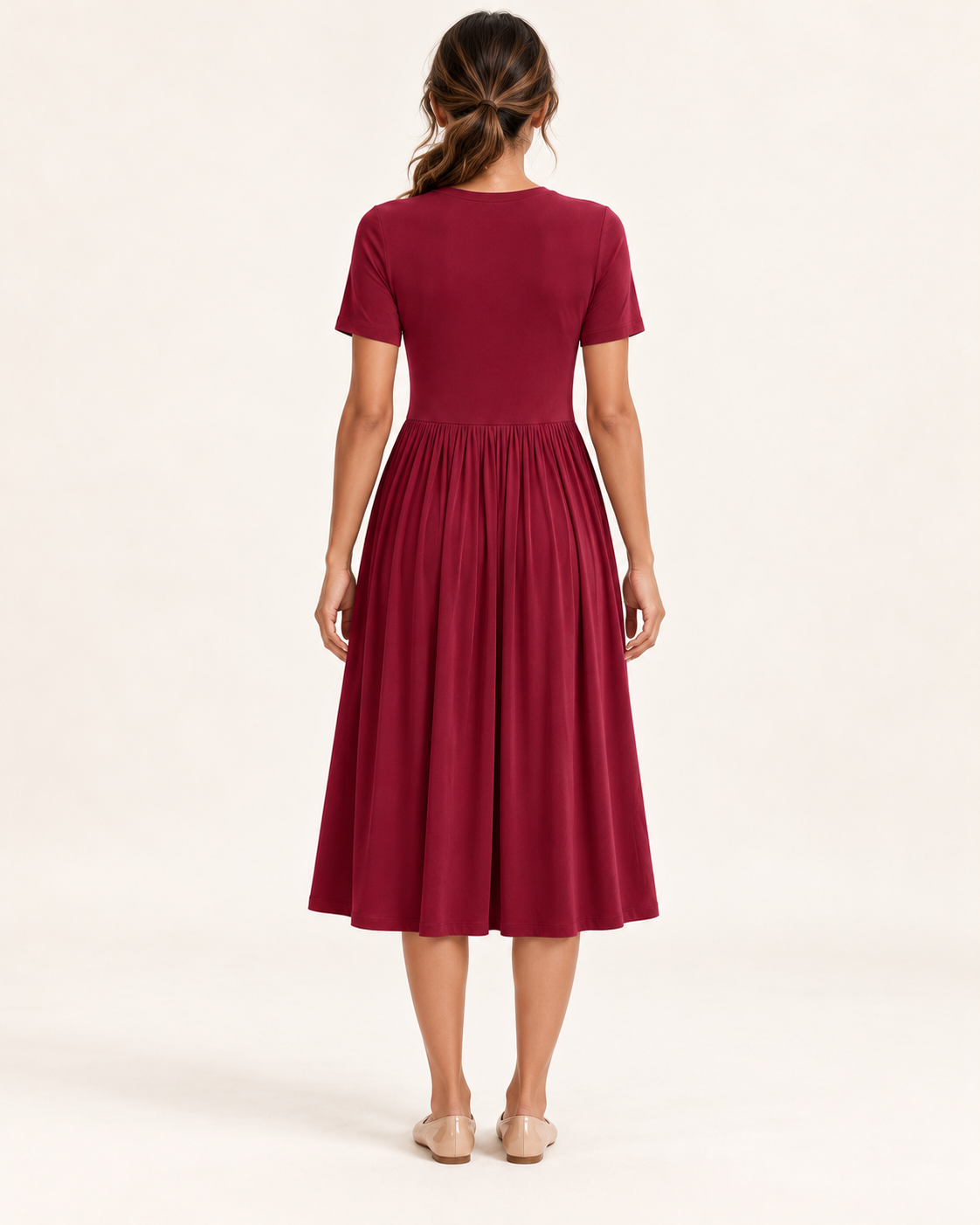 Women's Pleated Pocket Dress in Wine Red, 05 back