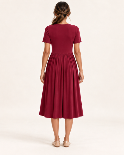 Women's Pleated Pocket Dress in Wine Red, 05 back