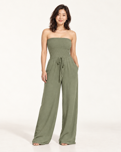 Women's Wide-Leg Tie-Waist Jumpsuit — army green — front