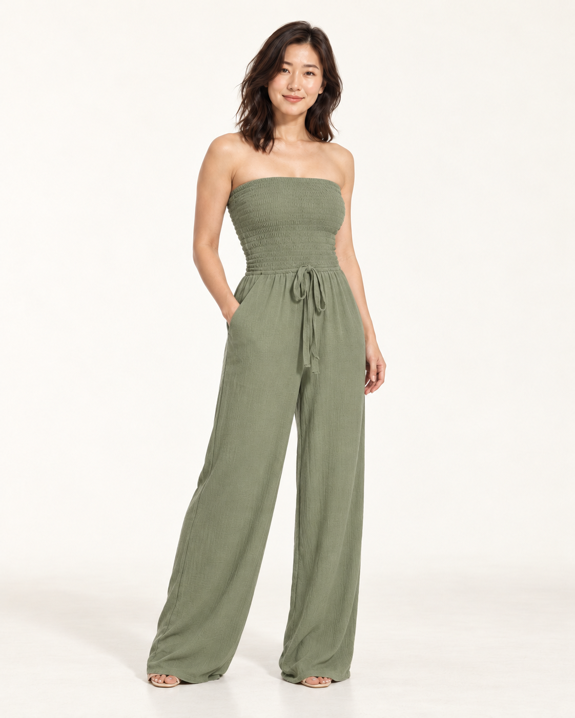 Women's Wide-Leg Tie-Waist Jumpsuit — army green — three quarter