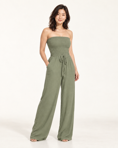 Women's Wide-Leg Tie-Waist Jumpsuit — army green — three quarter