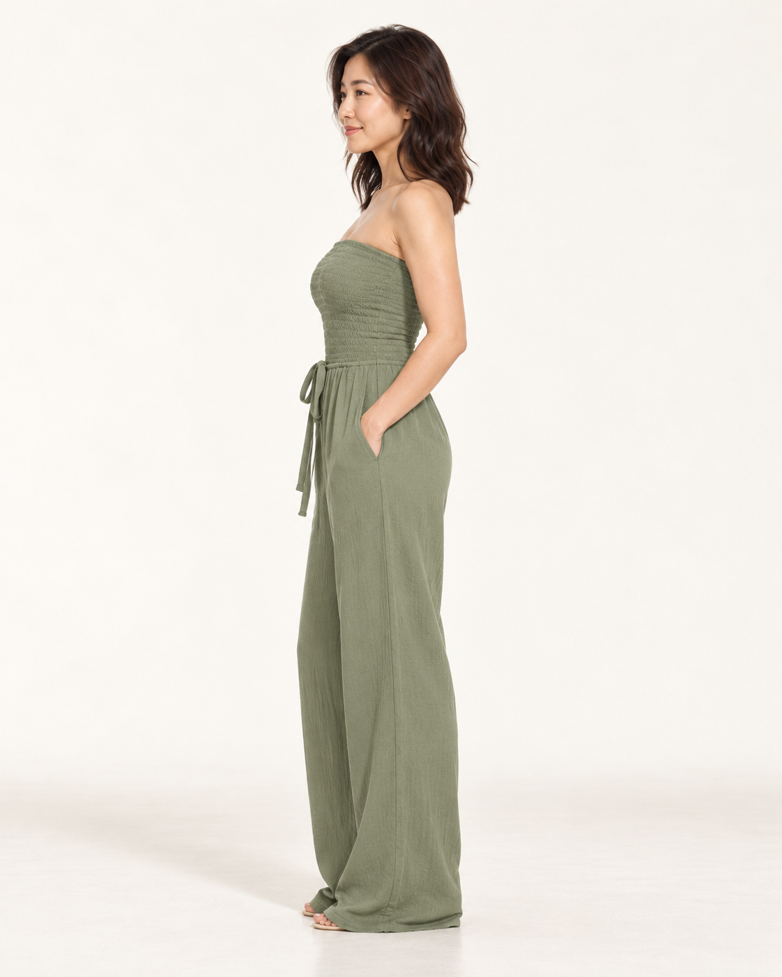 Women's Wide-Leg Tie-Waist Jumpsuit — army green — side