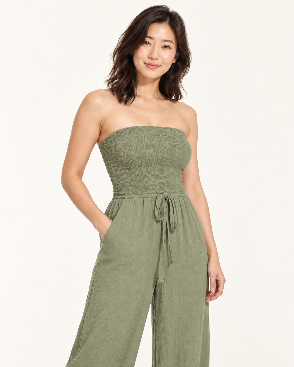 Women's Wide-Leg Tie-Waist Jumpsuit — army green — detail