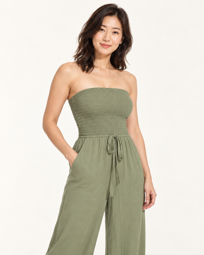Women's Wide-Leg Tie-Waist Jumpsuit — army green — detail