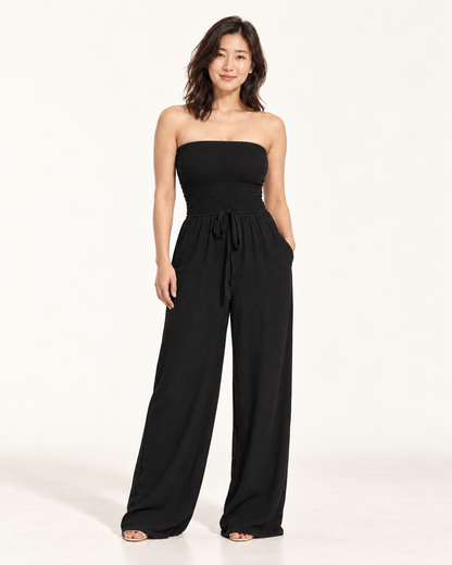 Women's Wide-Leg Tie-Waist Jumpsuit, black, front view