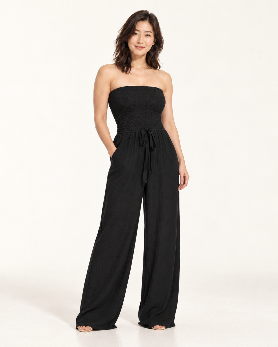 Women's Wide-Leg Tie-Waist Jumpsuit, black, three quarter view