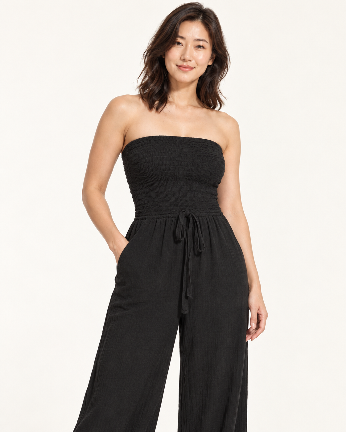 Women's Wide-Leg Tie-Waist Jumpsuit, black, detail view