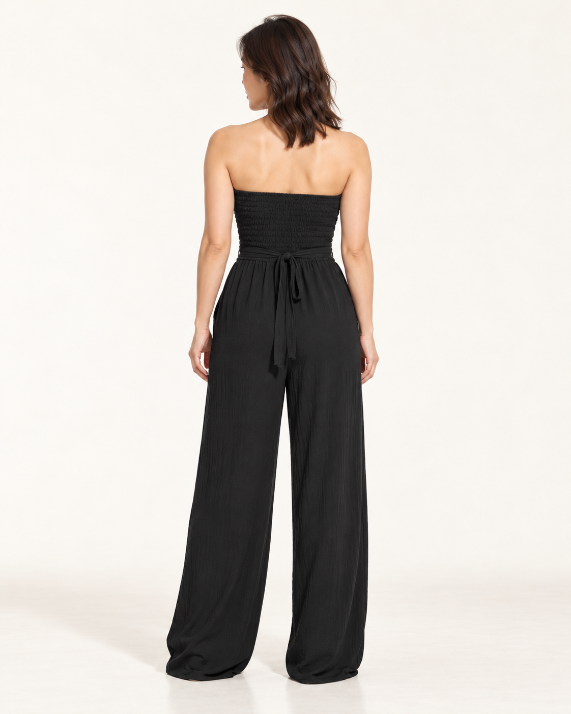 Women's Wide-Leg Tie-Waist Jumpsuit, black, back view