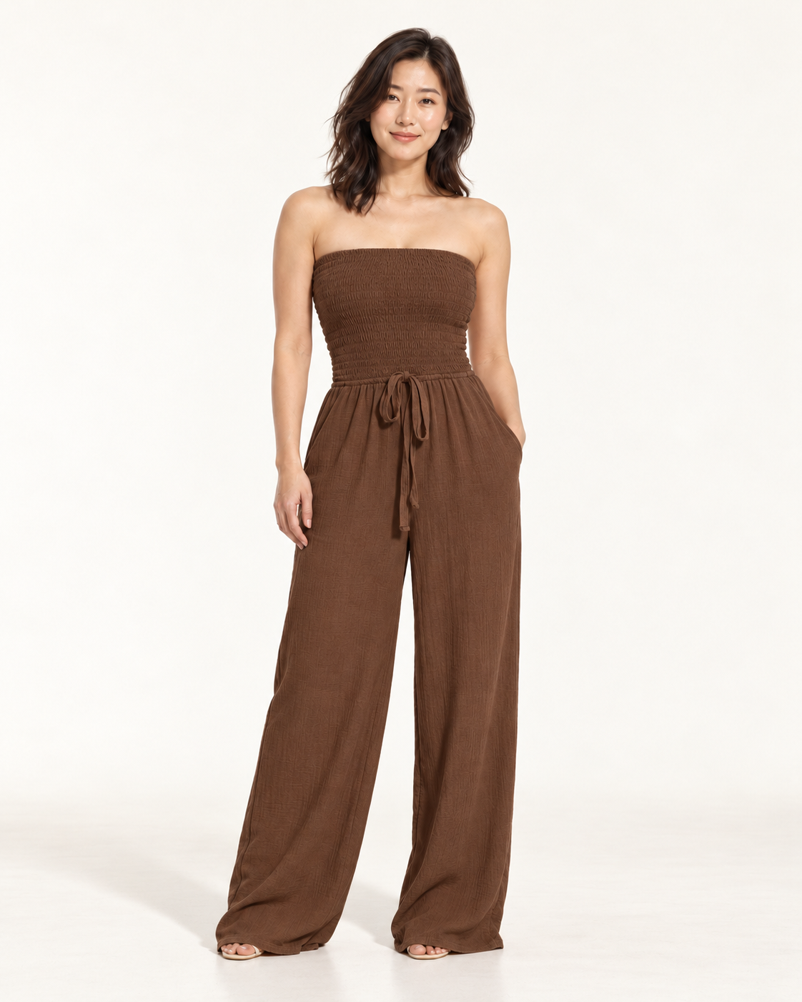 Women's Wide-Leg Tie-Waist Jumpsuit, coffee, front view