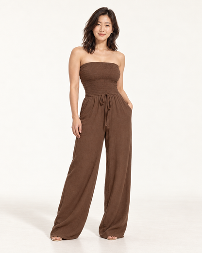 Women's Wide-Leg Tie-Waist Jumpsuit, coffee, three quarter view