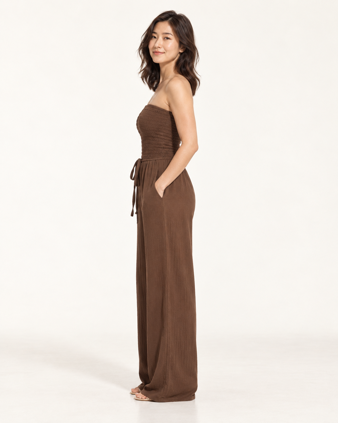 Women's Wide-Leg Tie-Waist Jumpsuit, coffee, side view