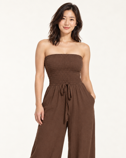 Women's Wide-Leg Tie-Waist Jumpsuit, coffee, detail view