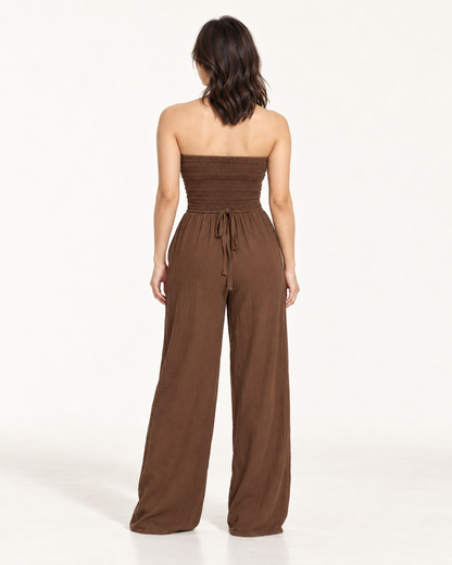Women's Wide-Leg Tie-Waist Jumpsuit, coffee, back view