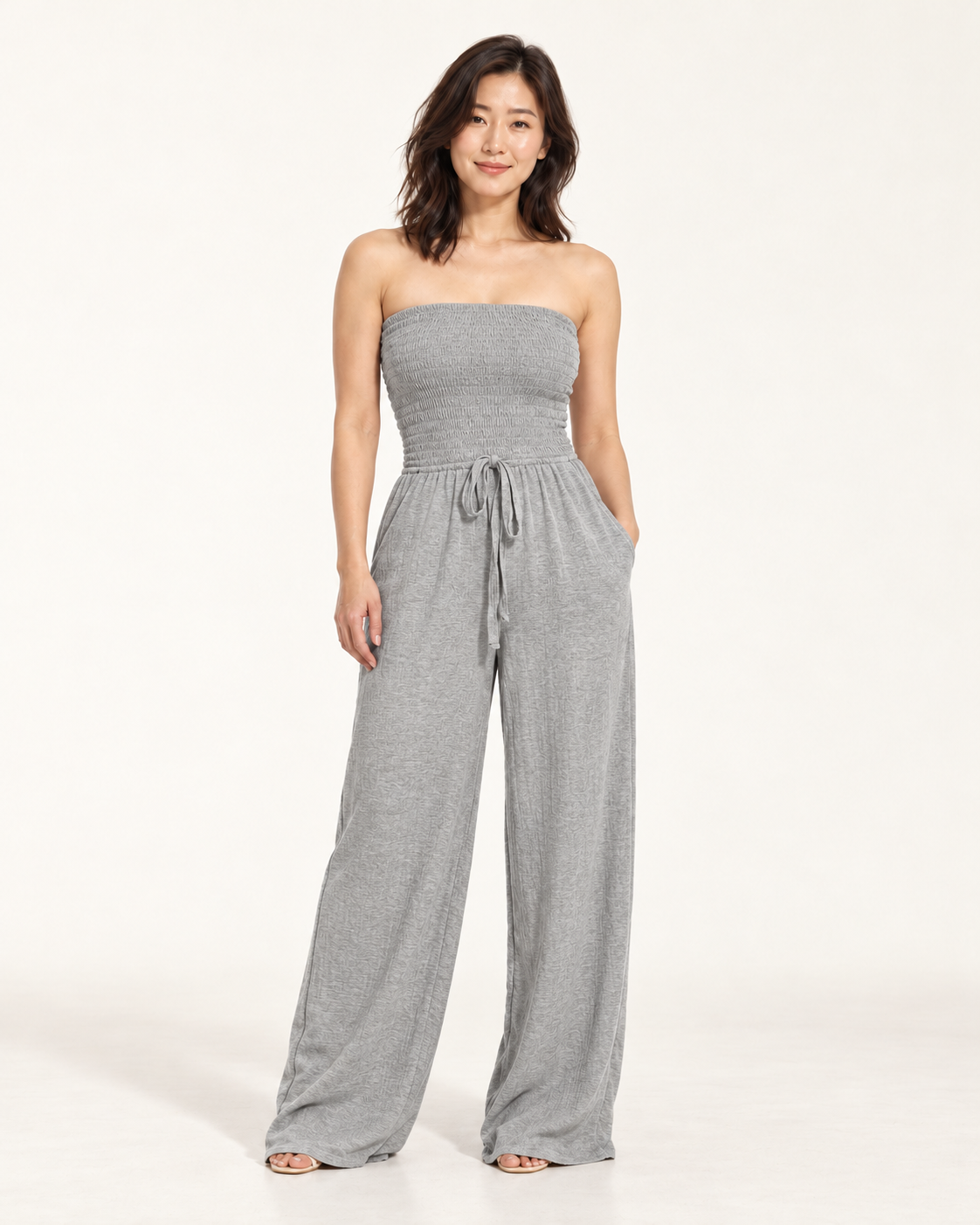 Women's Wide-Leg Tie-Waist Jumpsuit, gray, front view