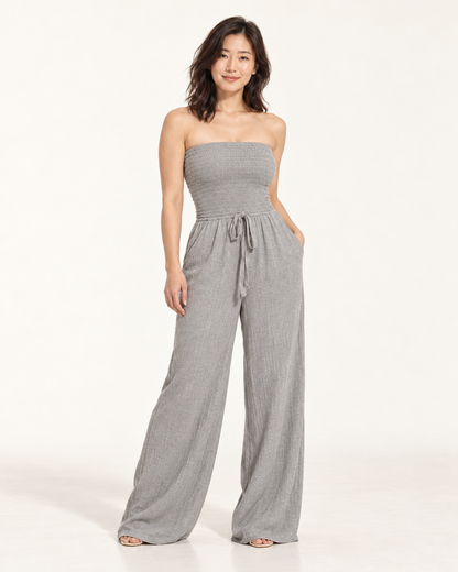 Women's Wide-Leg Tie-Waist Jumpsuit, gray, three quarter view